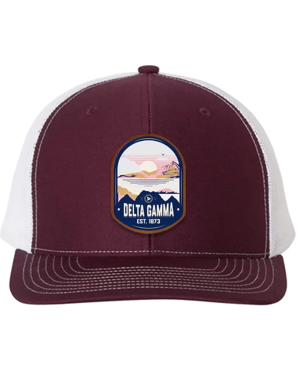 Delta Gamma Richardson 112 UV Print Leatherette Patch Trucker Hat - Ventura Maroon White Trucker Hat