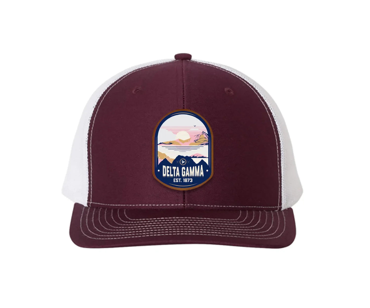 Delta Gamma Richardson 112 UV Print Leatherette Patch Trucker Hat - Ventura Maroon White Trucker Hat