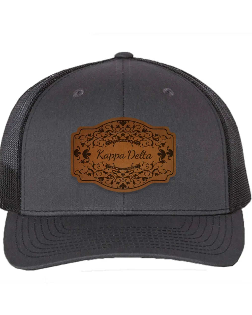 Kappa Delta Richardson 112 Leatherette Patch Trucker Hat - Scroll Charcoal Black Trucker Hat