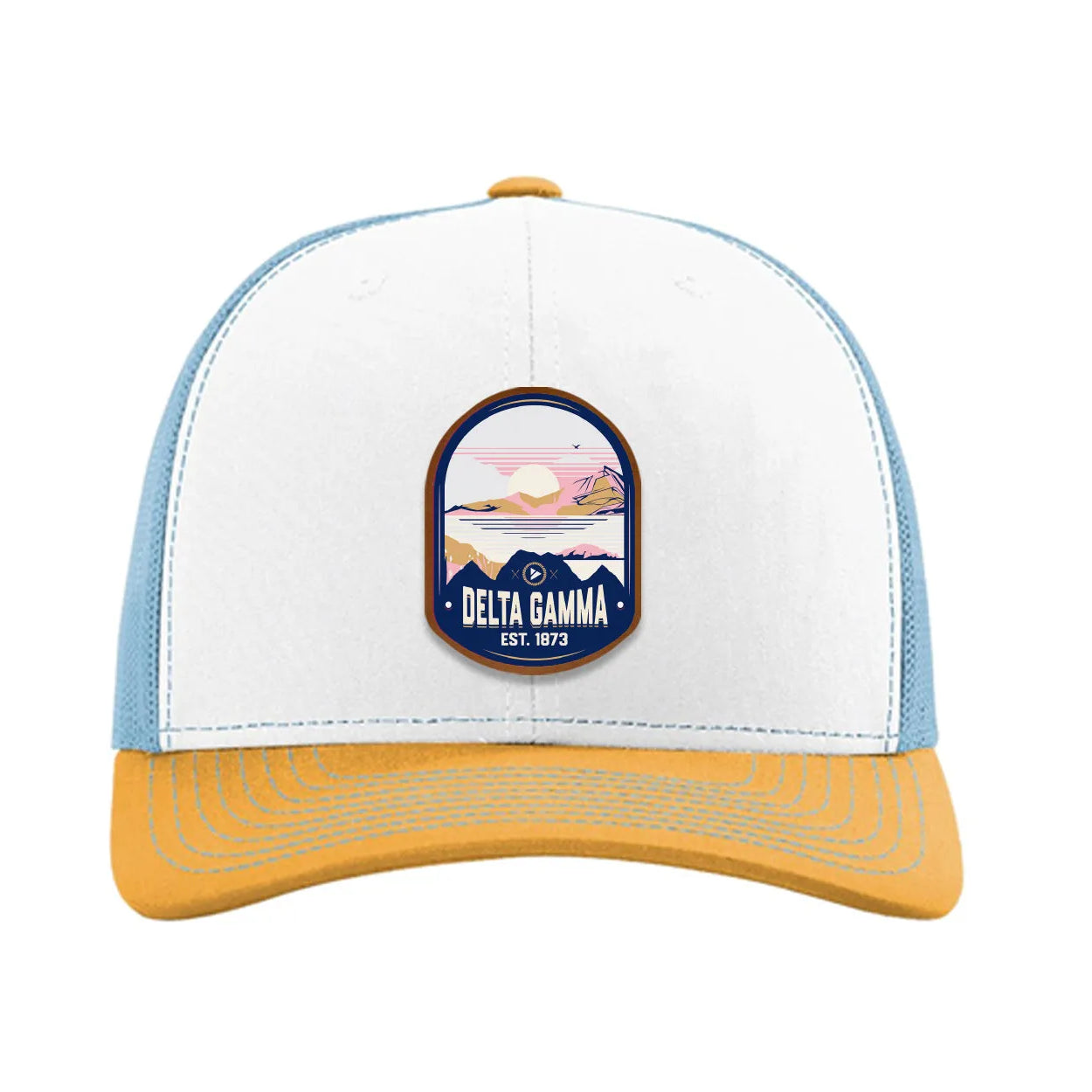 Delta Gamma Richardson 112 UV Print Leatherette Patch Trucker Hat - Ventura White Blue Yellow Trucker Hat