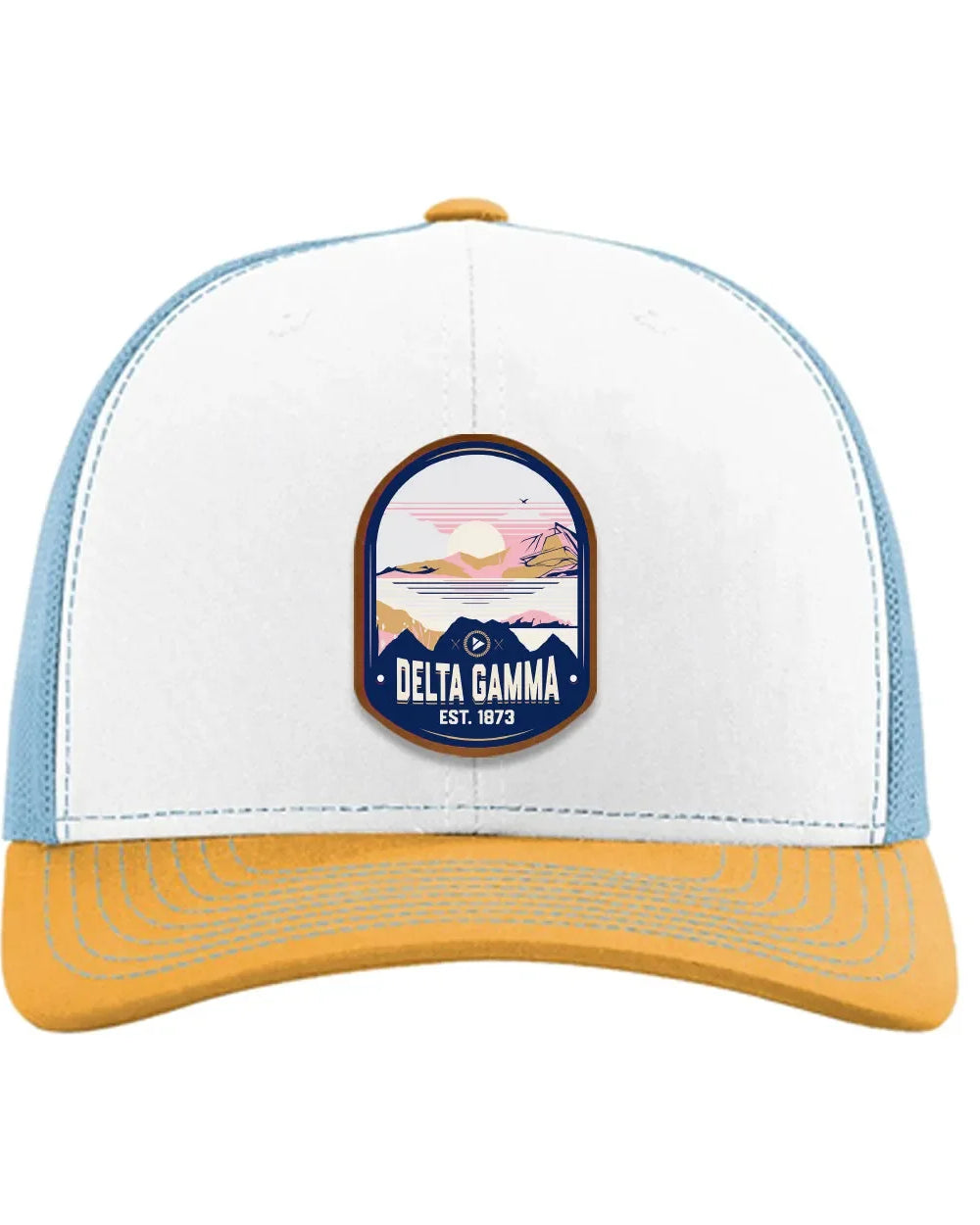 Delta Gamma Richardson 112 UV Print Leatherette Patch Trucker Hat - Ventura White Blue Yellow Trucker Hat