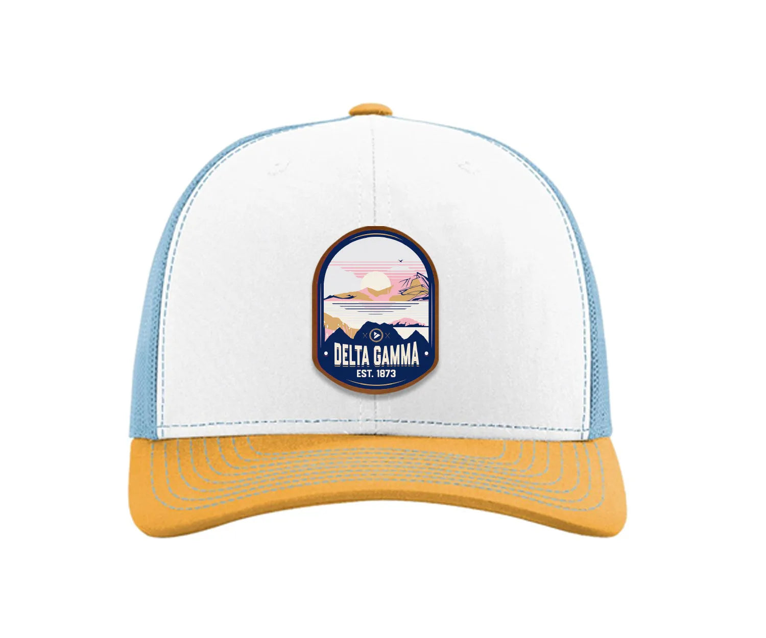 Delta Gamma Richardson 112 UV Print Leatherette Patch Trucker Hat - Ventura White Blue Yellow Trucker Hat