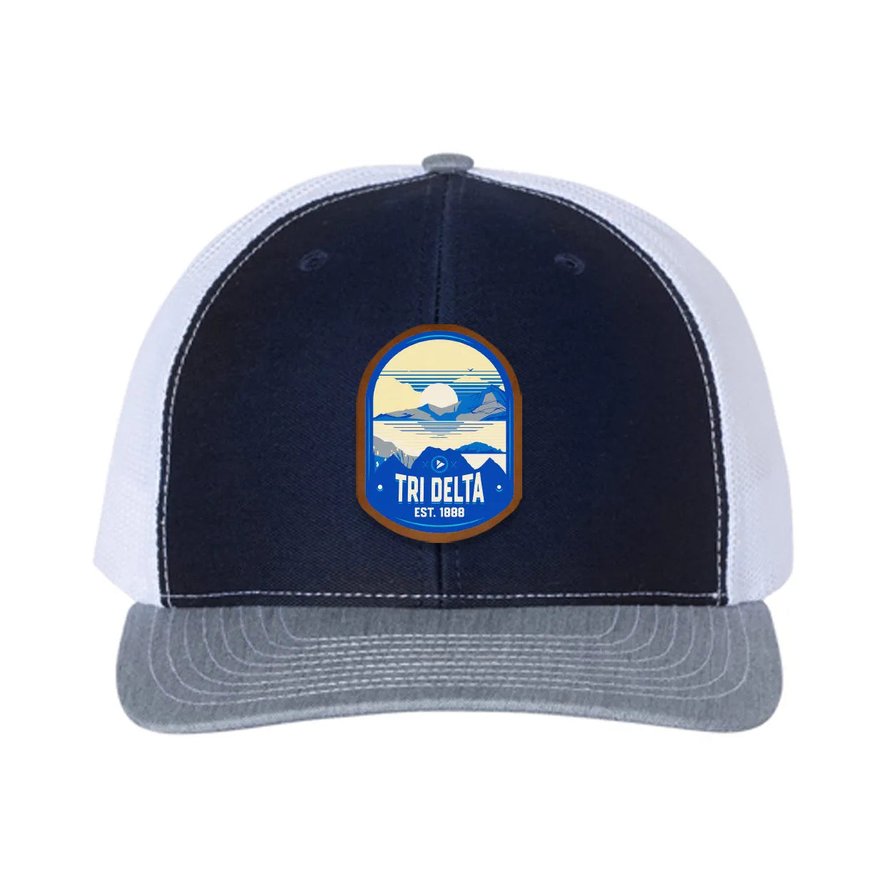 Tri Delta Richardson 112 UV Print Leatherette Patch Trucker Hat - Ventura Navy White Heather Gray Trucker Hat