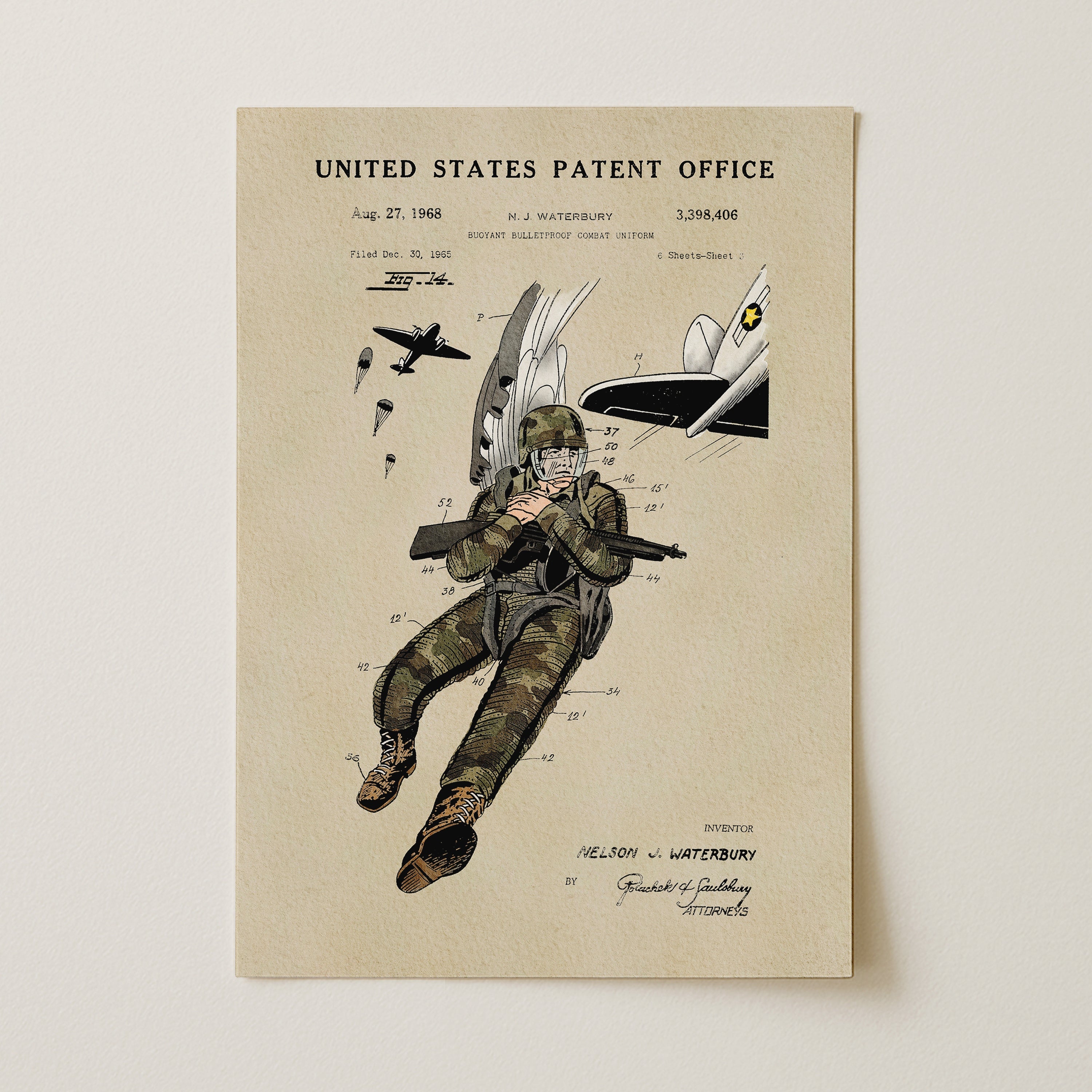 Combat Suit US Patent Art Print | Patriotic Decor | Vintage Style Wall Art | Campus Greek Fit