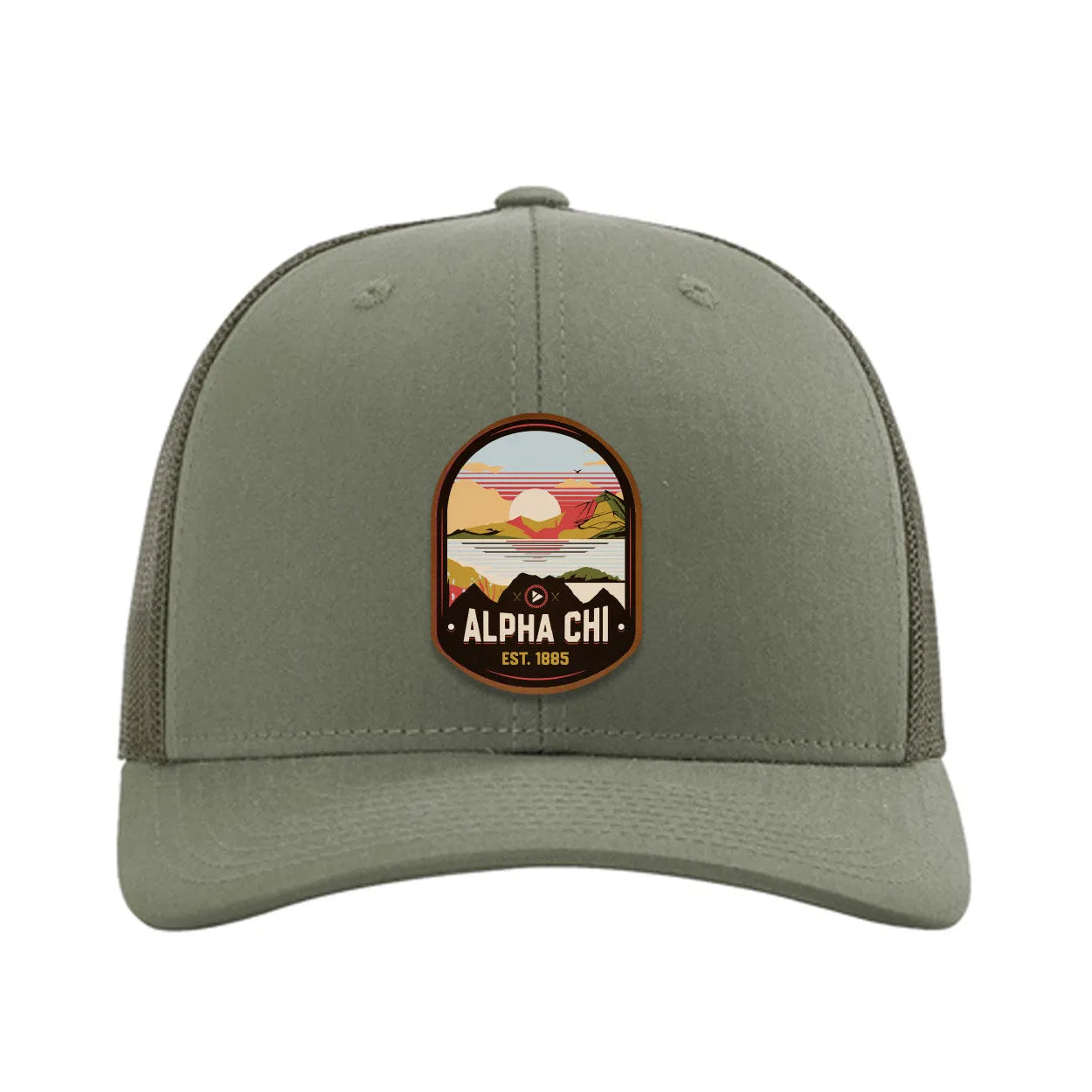 Alpha Chi Omega Richardson 112 UV Print Leatherette Patch Trucker Hat - Ventura Loden Trucker Hat