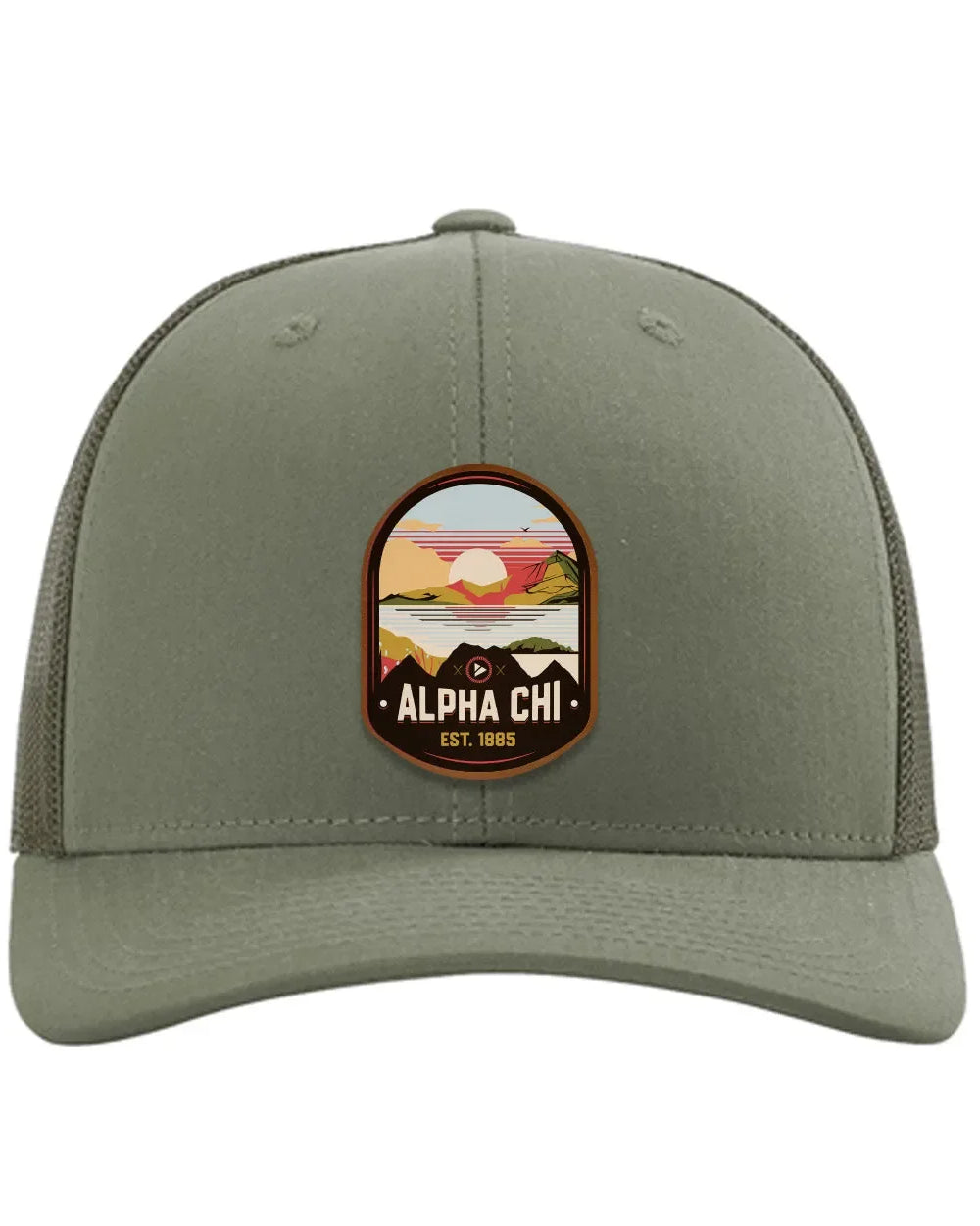 Alpha Chi Omega Richardson 112 UV Print Leatherette Patch Trucker Hat - Ventura Loden Trucker Hat