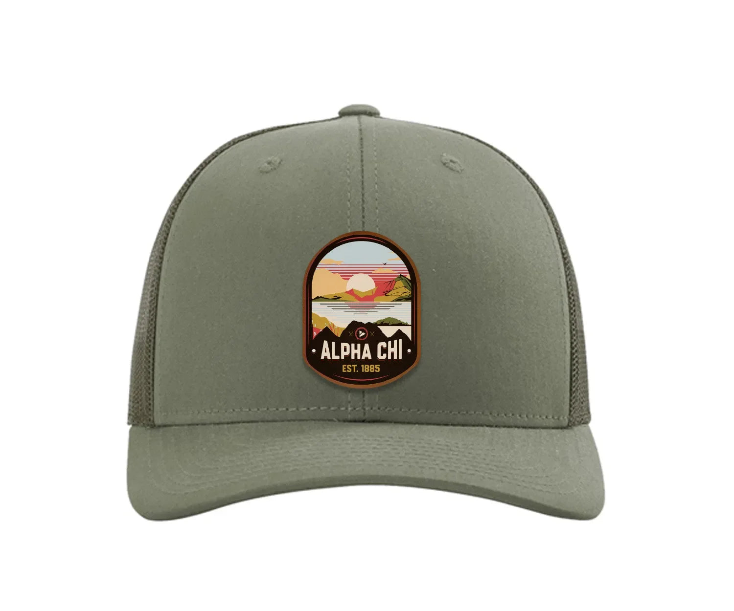 Alpha Chi Omega Richardson 112 UV Print Leatherette Patch Trucker Hat - Ventura Loden Trucker Hat