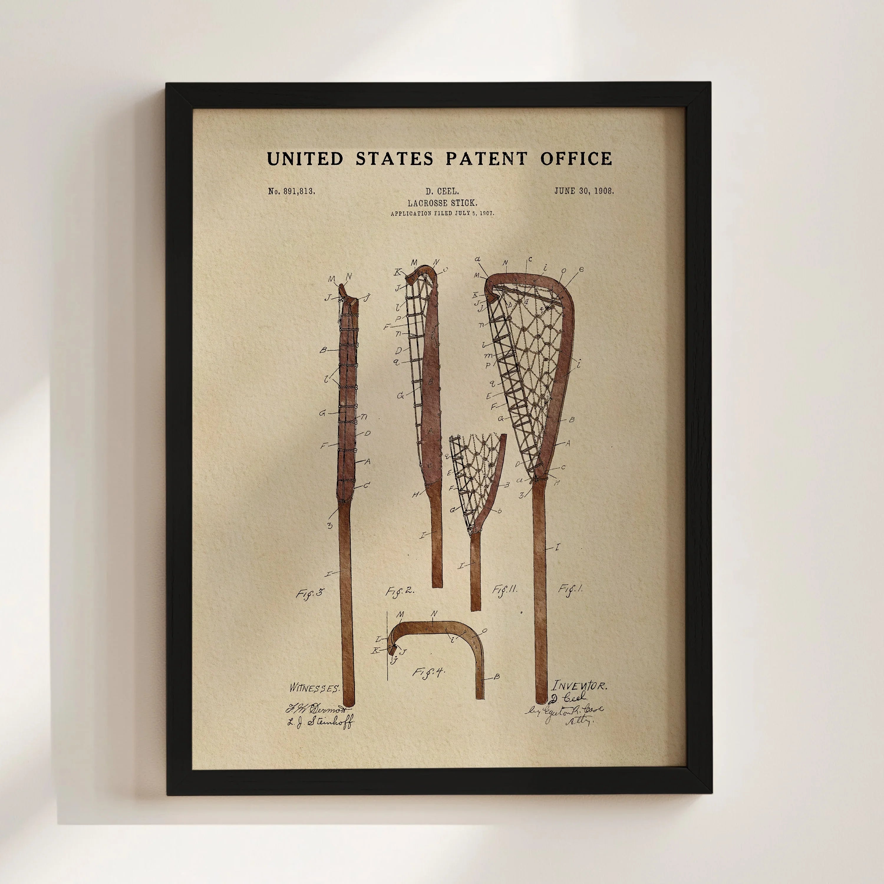 Original Lacrosse Stick US Patent Art Print | Sports-Themed Dorm Decor | Campus Greek Fit
