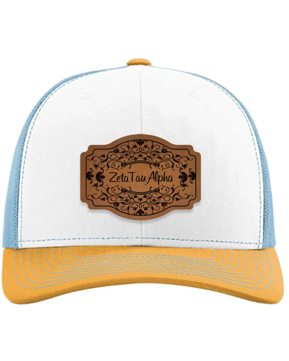 Zeta Tau Alpha Richardson 112 Leatherette Patch Trucker Hat - Scroll White Blue Yellow Trucker Hat