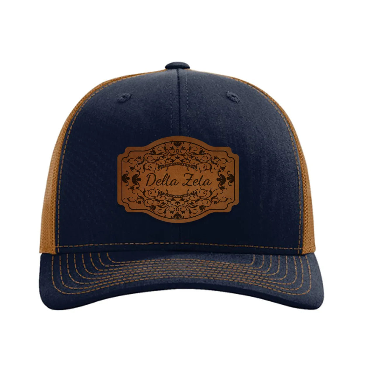 Delta Zeta Richardson 112 Leatherette Patch Trucker Hat - Scroll Navy Caramel Trucker Hat