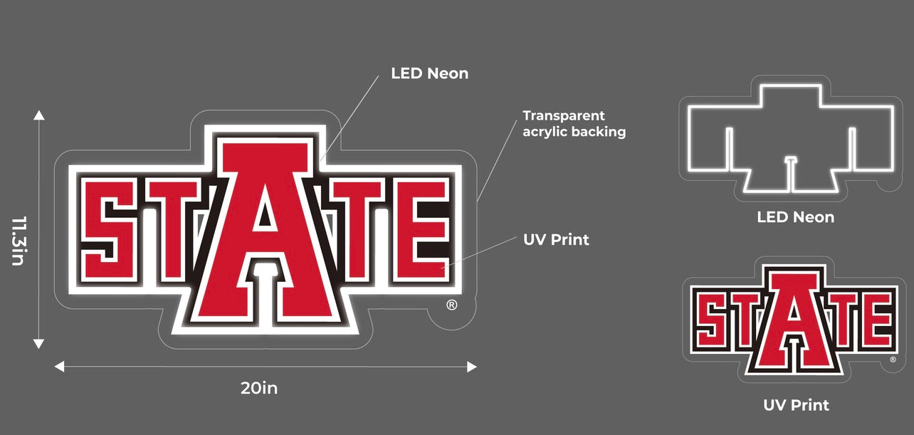 Arkansas State University "STATE" LED UV Print Neon Sign w/ Dimmer - 20" Neon Signs