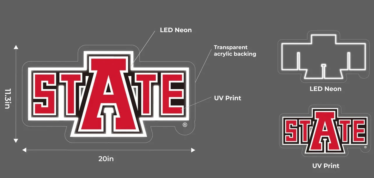 Arkansas State University "STATE" LED UV Print Neon Sign w/ Dimmer - 20" Neon Signs