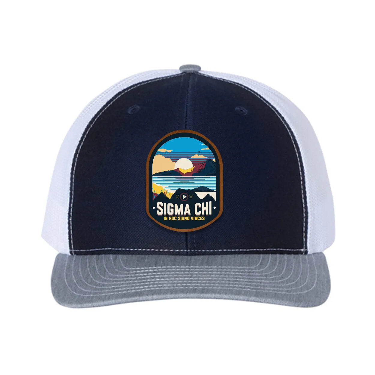 Sigma Chi Richardson 112 UV Print Leatherette Patch Trucker Hat - Ventura Navy White Heather Cray Trucker Hat