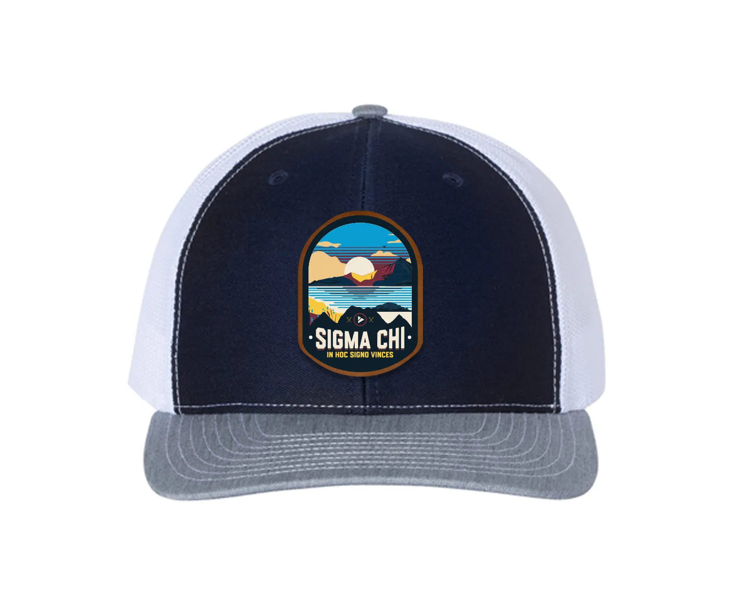 Sigma Chi Richardson 112 UV Print Leatherette Patch Trucker Hat - Ventura Navy White Heather Cray Trucker Hat
