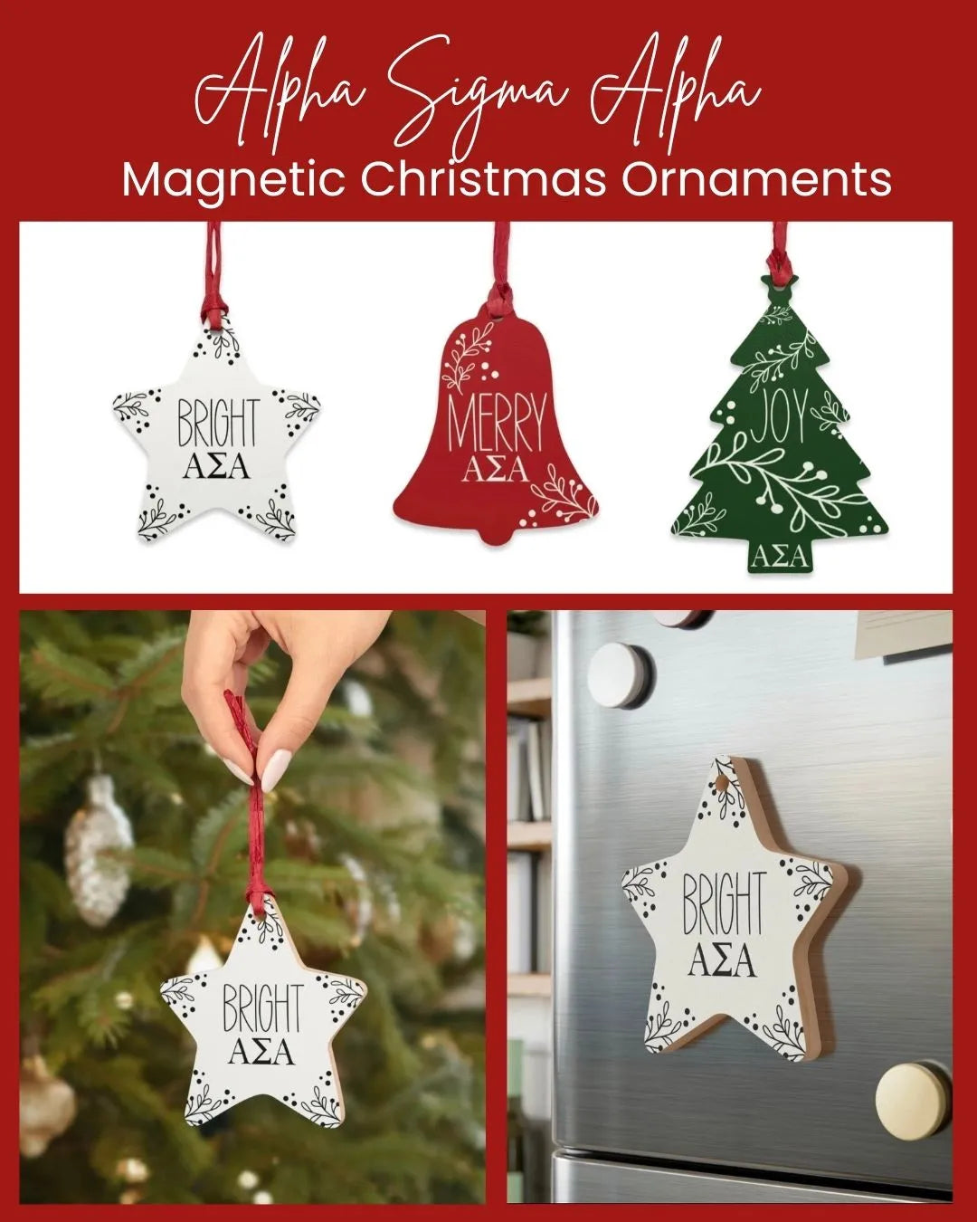 Alpha Sigma Alpha Wood Christmas Ornaments / Magnets (Set of 3) Holiday Ornaments