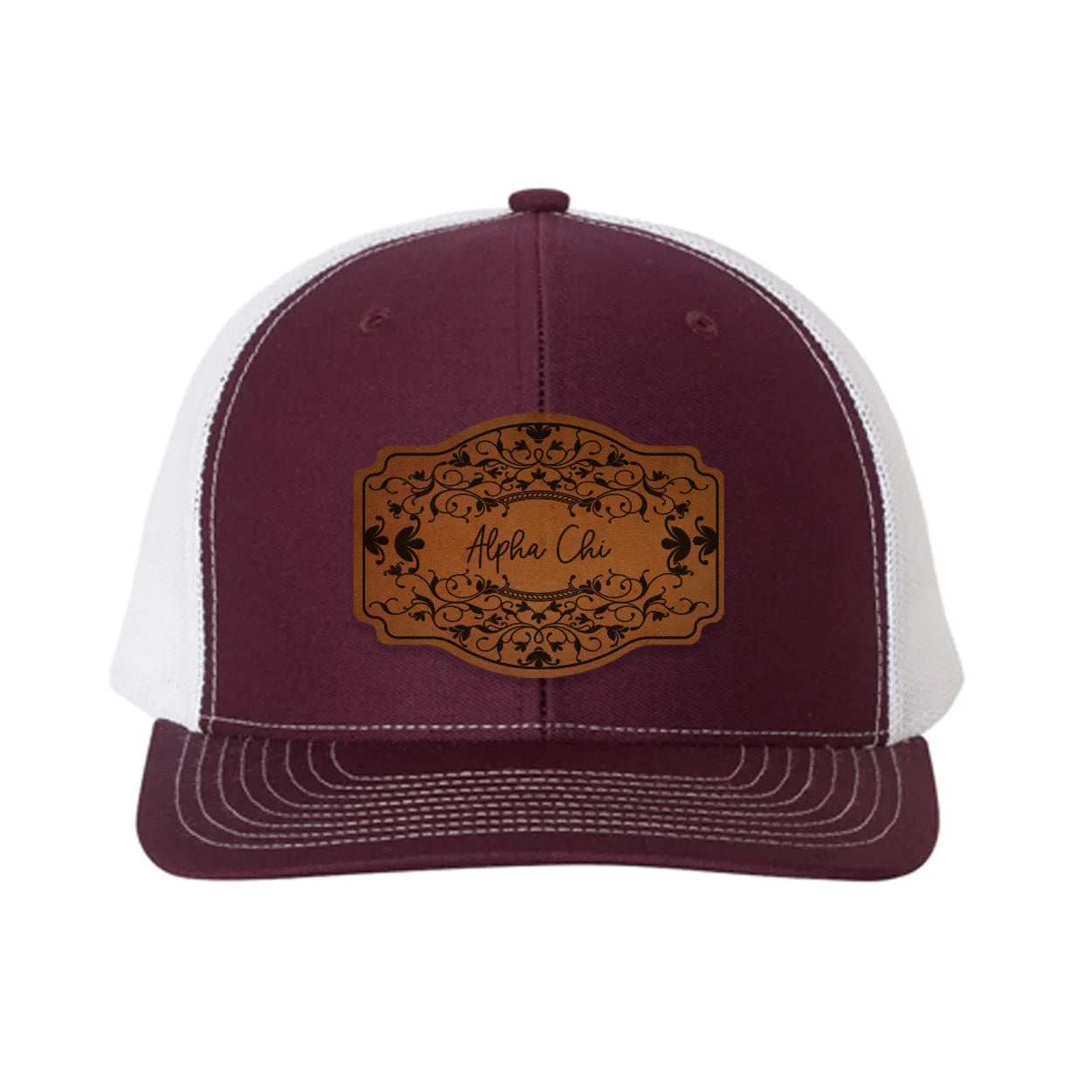Alpha Chi Omega Richardson 112 Leatherette Patch Trucker Hat - Scroll Maroon White Trucker Hat