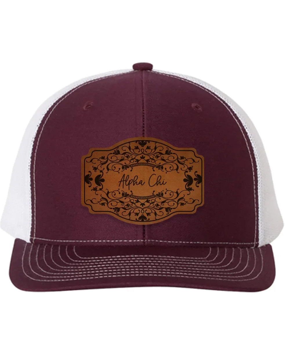 Alpha Chi Omega Richardson 112 Leatherette Patch Trucker Hat - Scroll Maroon White Trucker Hat