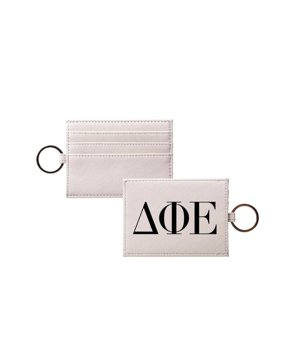 Delta Phi Epsilon Vegan Saffiano Leather Keychain Cardholder - Greek Letters Black Travel Wallet