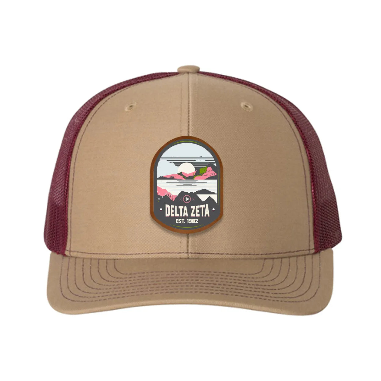 Delta Zeta Richardson 112 UV Print Leatherette Patch Trucker Hat - Ventura Khaki Burgundy Trucker Hat