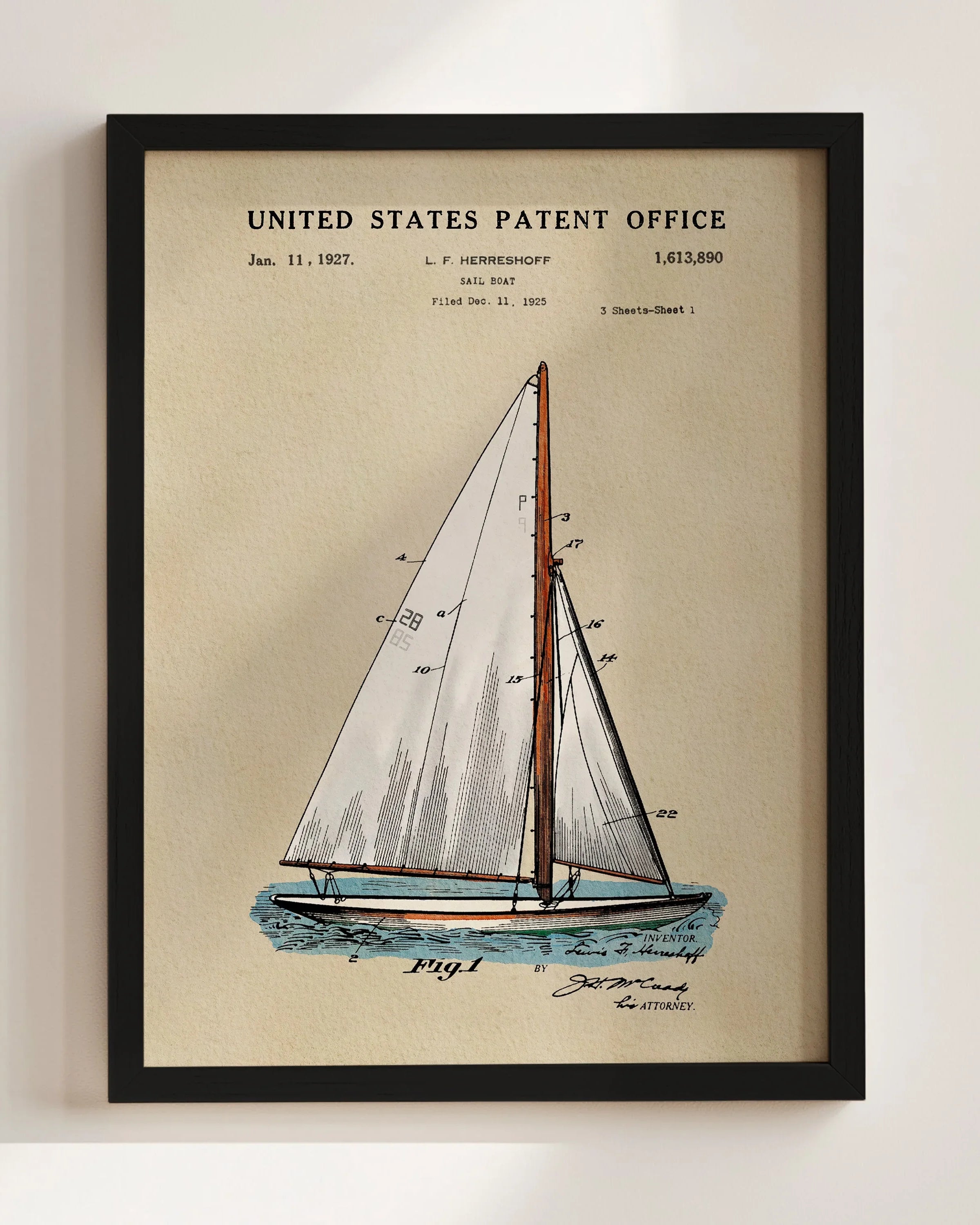 Herreshoff Sailboat US Patent Art Print | Nautical Coastal Dorm Decor