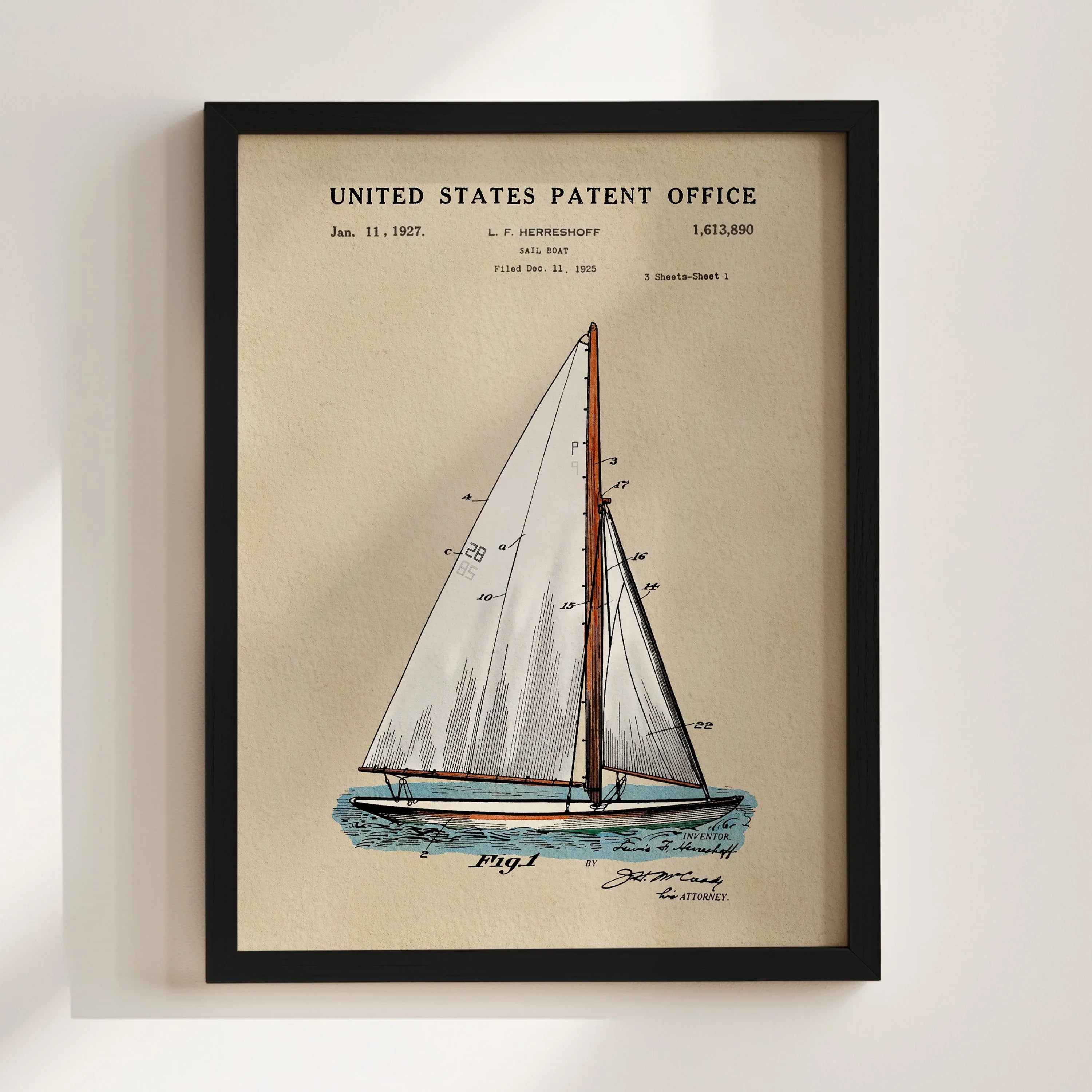 Herreshoff Sailboat US Patent Art Print | Nautical Coastal Dorm Decor