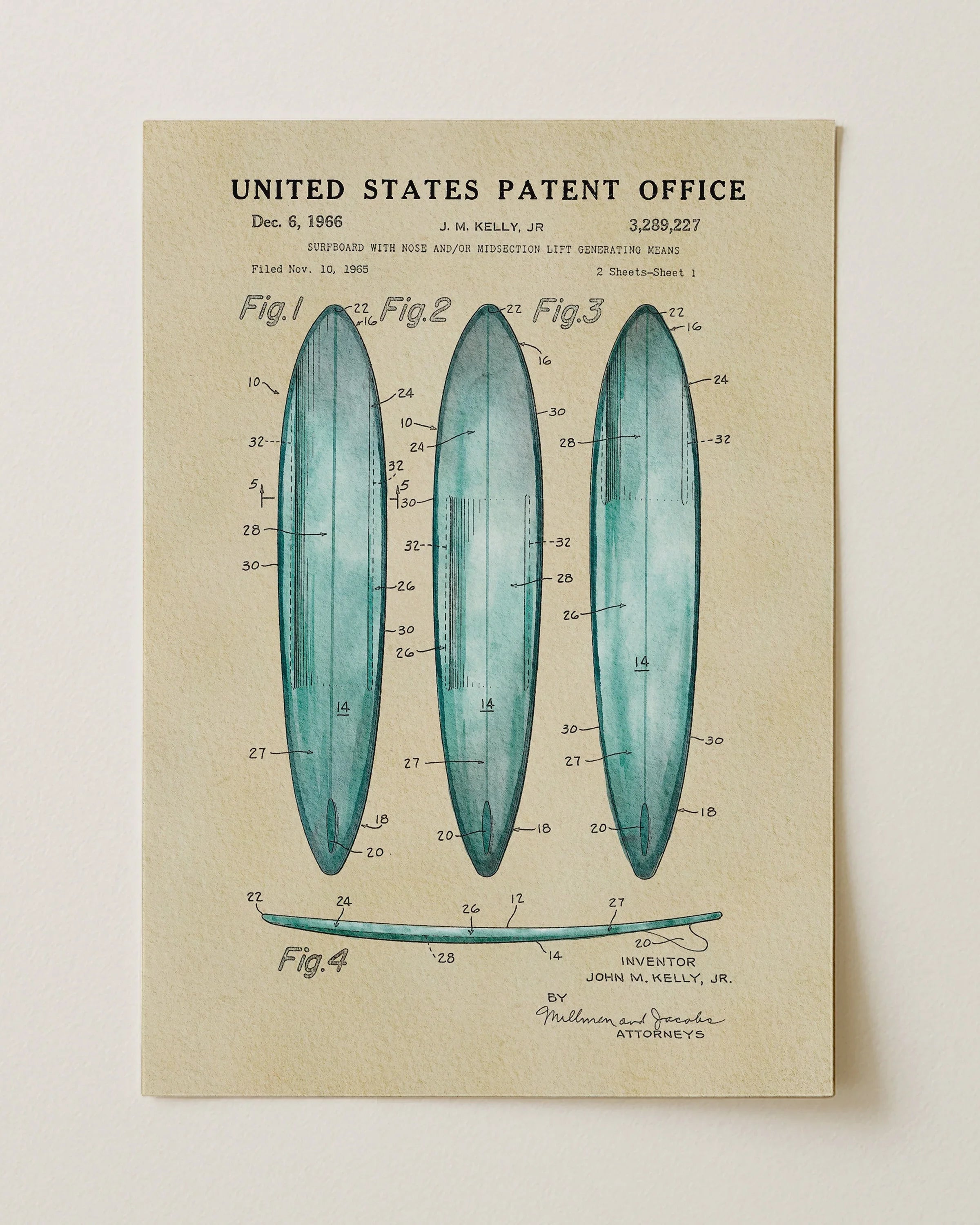 Surfboards US Patent Wall Art Print | Coastal Theme Dorm Decor - Campus Greek Fit