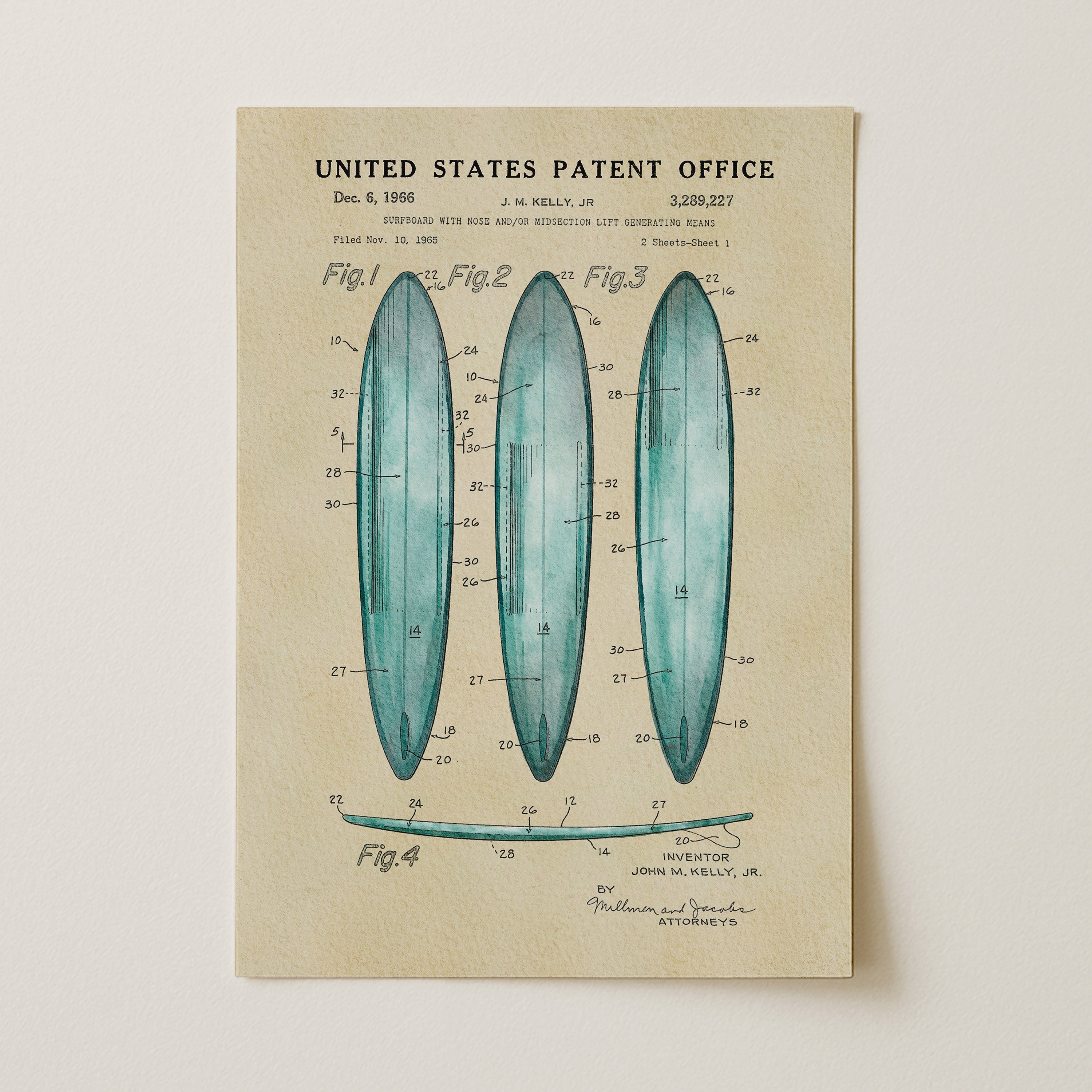 Surfboards US Patent Wall Art Print | Coastal Theme Dorm Decor - Campus Greek Fit
