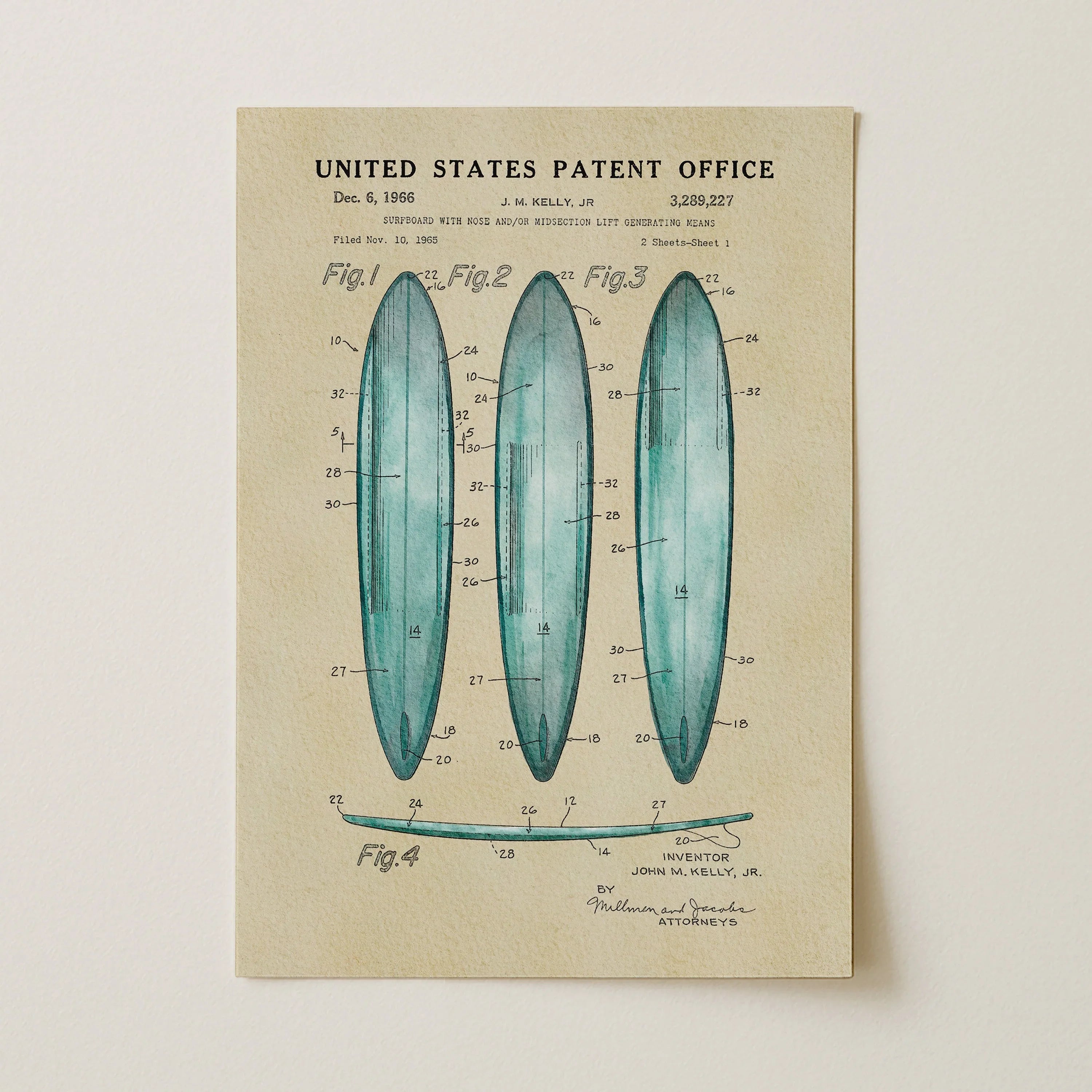 Surfboards US Patent Wall Art Print | Coastal Theme Dorm Decor - Campus Greek Fit