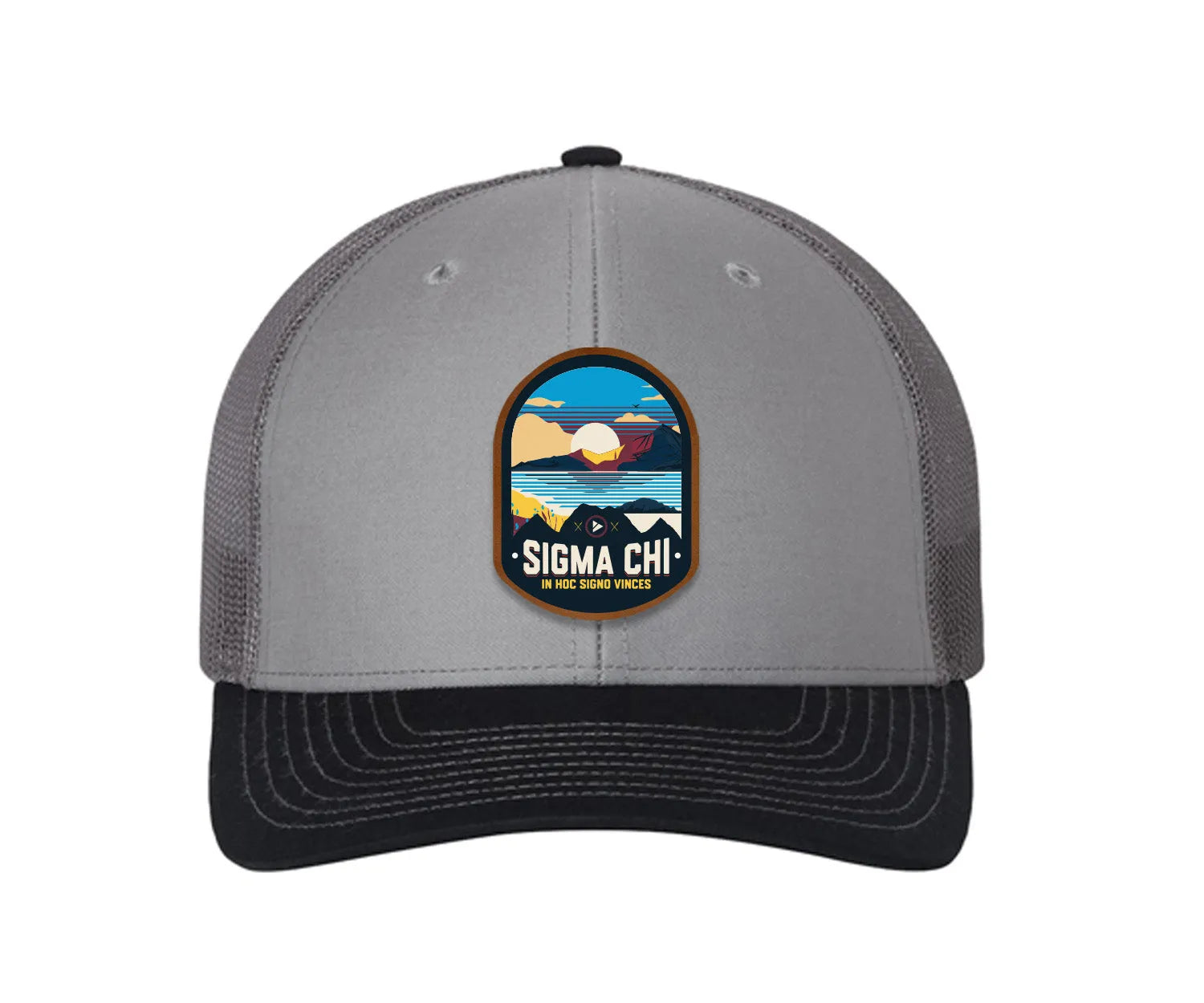 Sigma Chi Richardson 112 UV Print Leatherette Patch Trucker Hat - Ventura Gray Charcoal Navy Trucker Hat