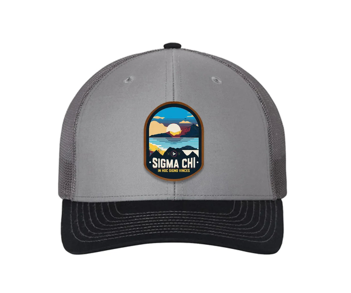 Sigma Chi Richardson 112 UV Print Leatherette Patch Trucker Hat - Ventura Gray Charcoal Navy Trucker Hat