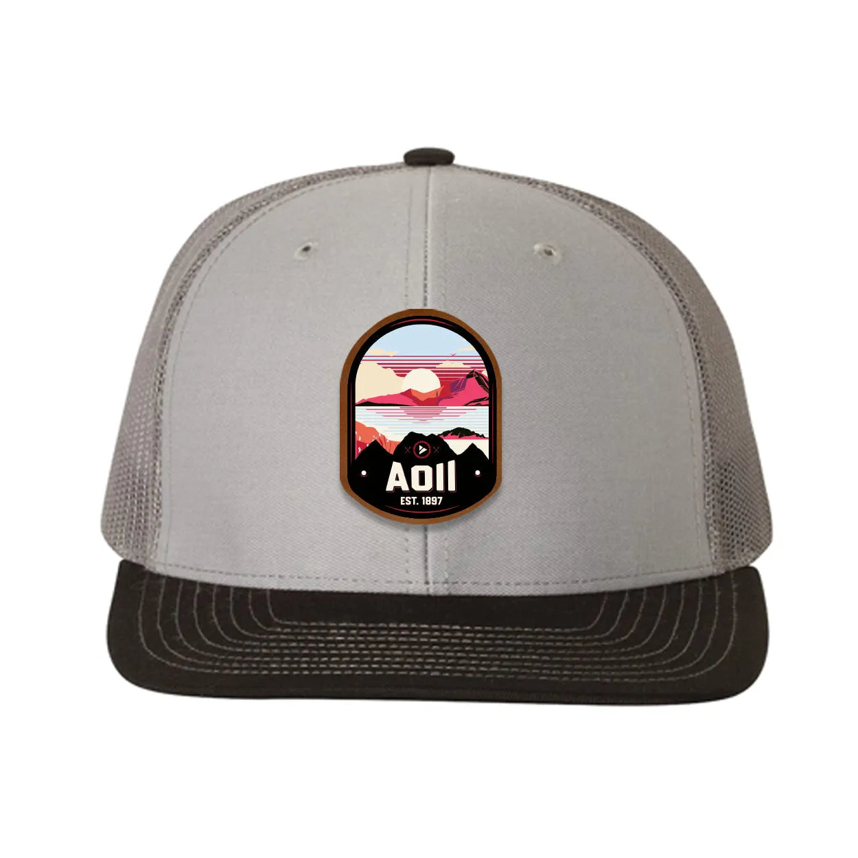 Alpha Omicron Pi Richardson 112 UV Print Leatherette Patch Trucker Hat - Ventura Gray Charcoal Black Trucker Hat