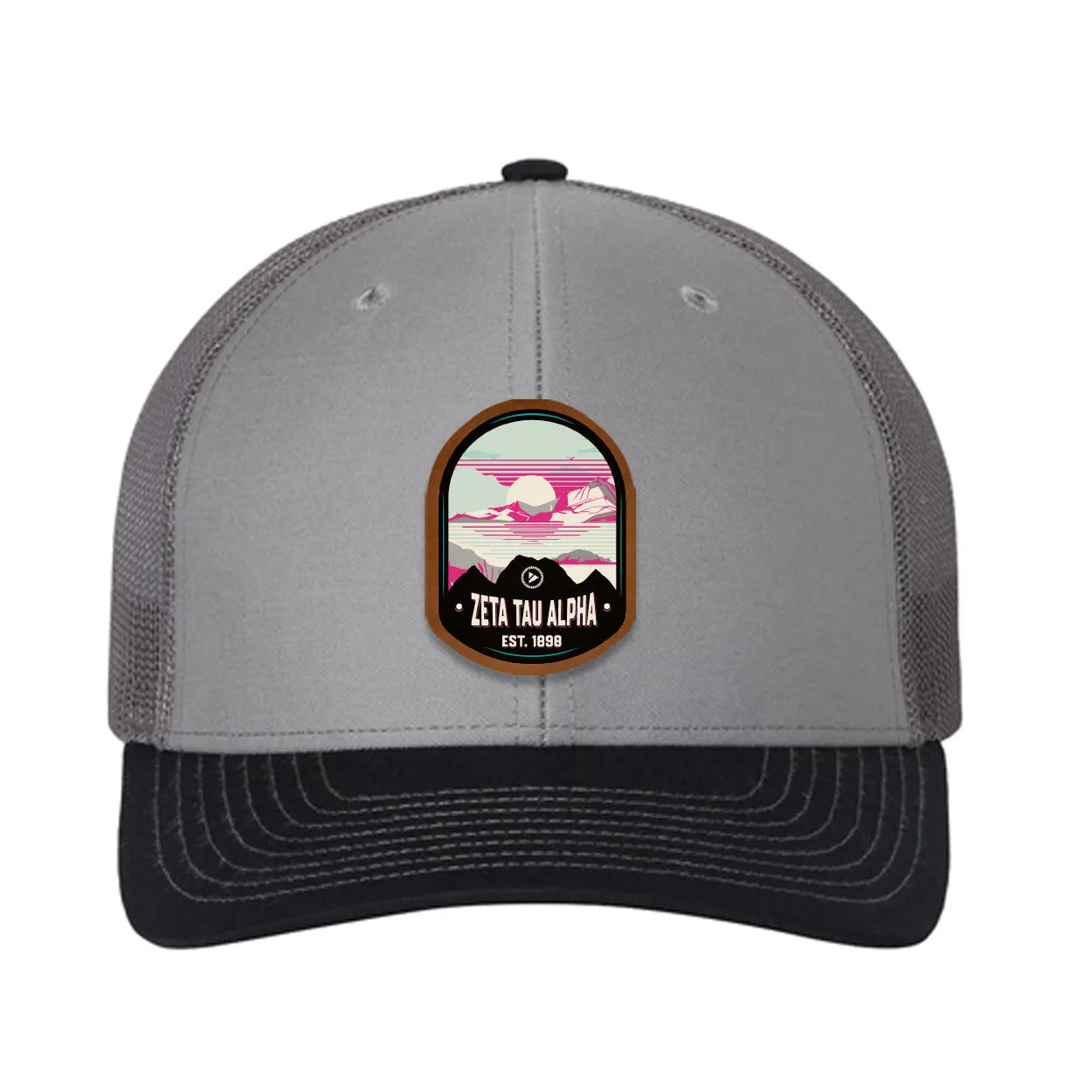 Zeta Tau Alpha Richardson 112 UV Print Leatherette Patch Trucker Hat - Ventura Gray Charcoal Navy Trucker Hat