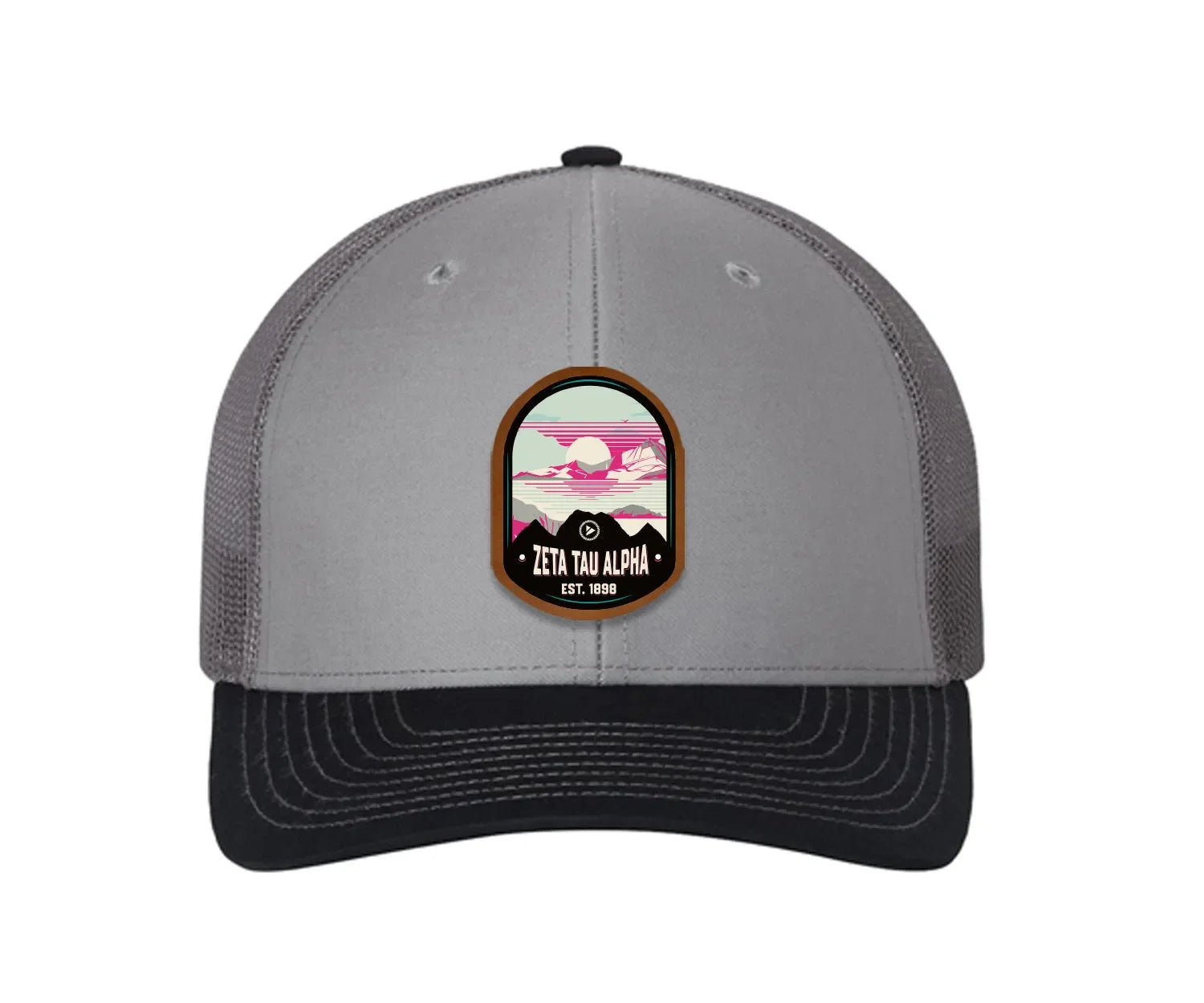 Zeta Tau Alpha Richardson 112 UV Print Leatherette Patch Trucker Hat - Ventura Gray Charcoal Navy Trucker Hat