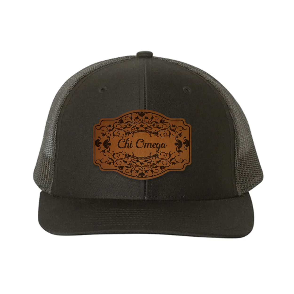 Chi Omega Richardson 112 Leatherette Patch Trucker Hat - Scroll Black Black Trucker Hat