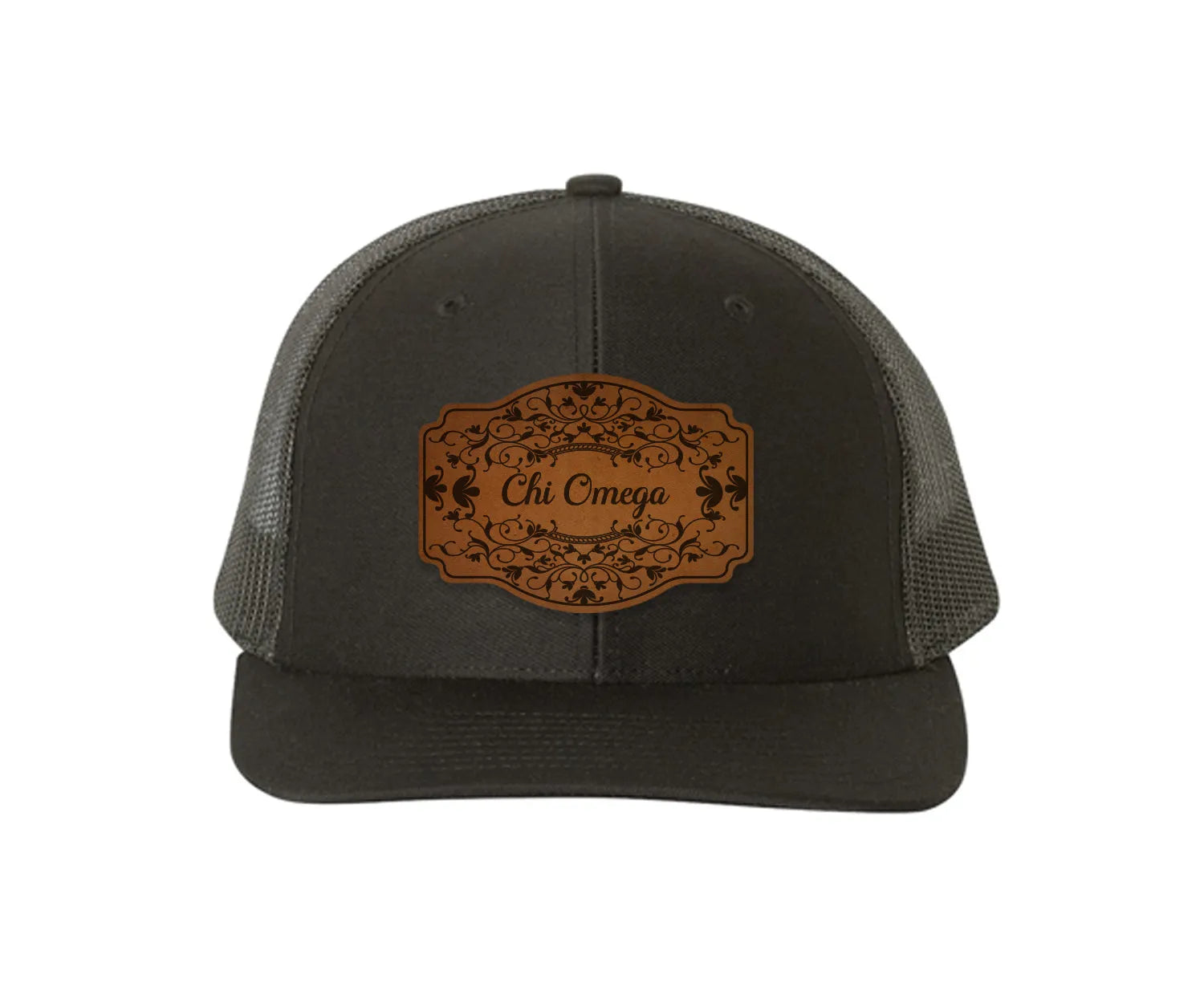 Chi Omega Richardson 112 Leatherette Patch Trucker Hat - Scroll Black Black Trucker Hat
