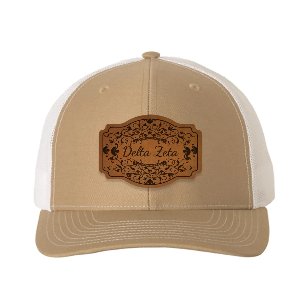 Delta Zeta Richardson 112 Leatherette Patch Trucker Hat - Scroll Khaki White Trucker Hat