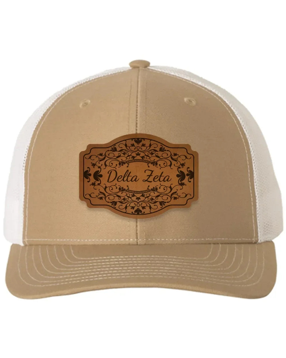 Delta Zeta Richardson 112 Leatherette Patch Trucker Hat - Scroll Khaki White Trucker Hat