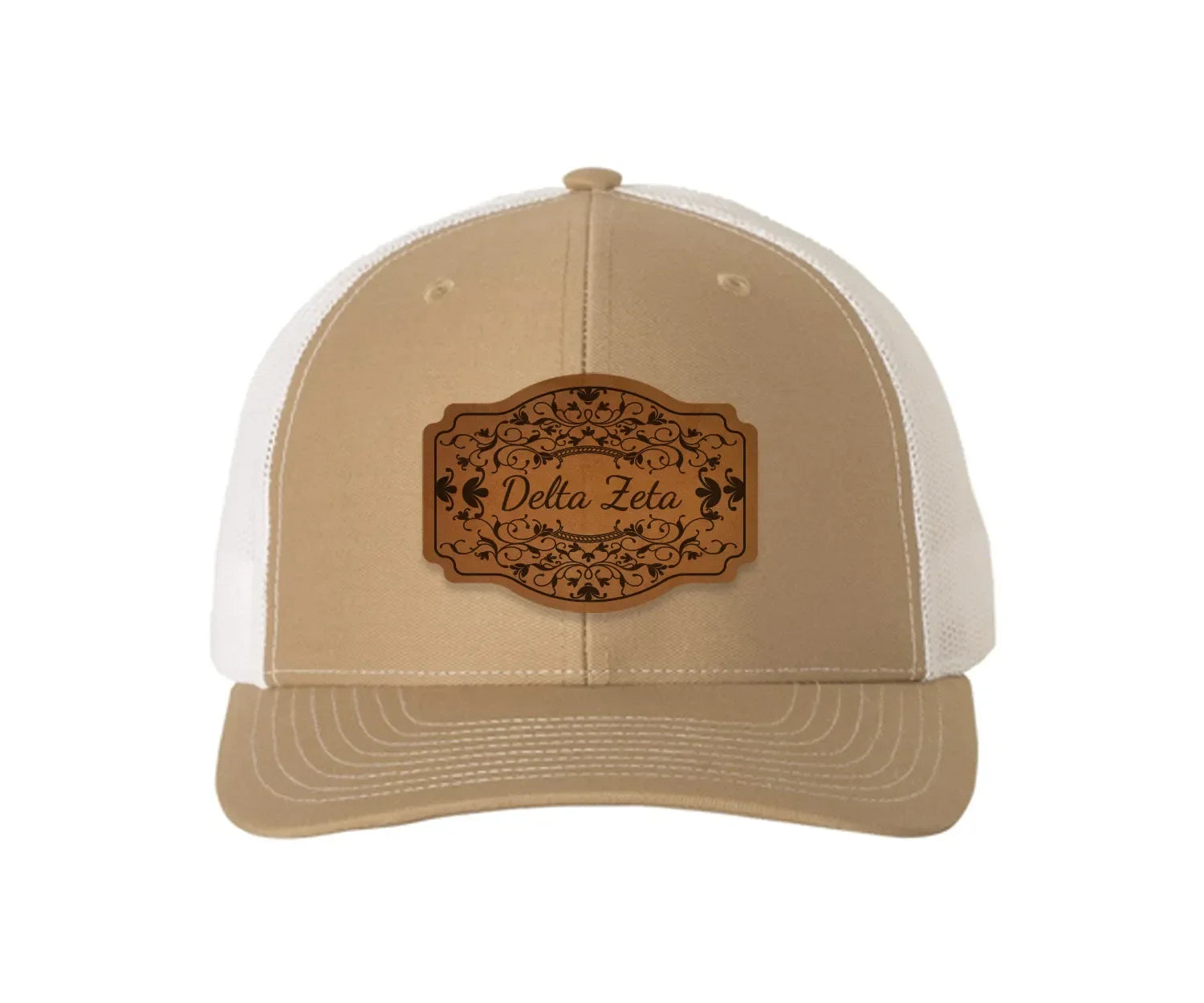 Delta Zeta Richardson 112 Leatherette Patch Trucker Hat - Scroll Khaki White Trucker Hat