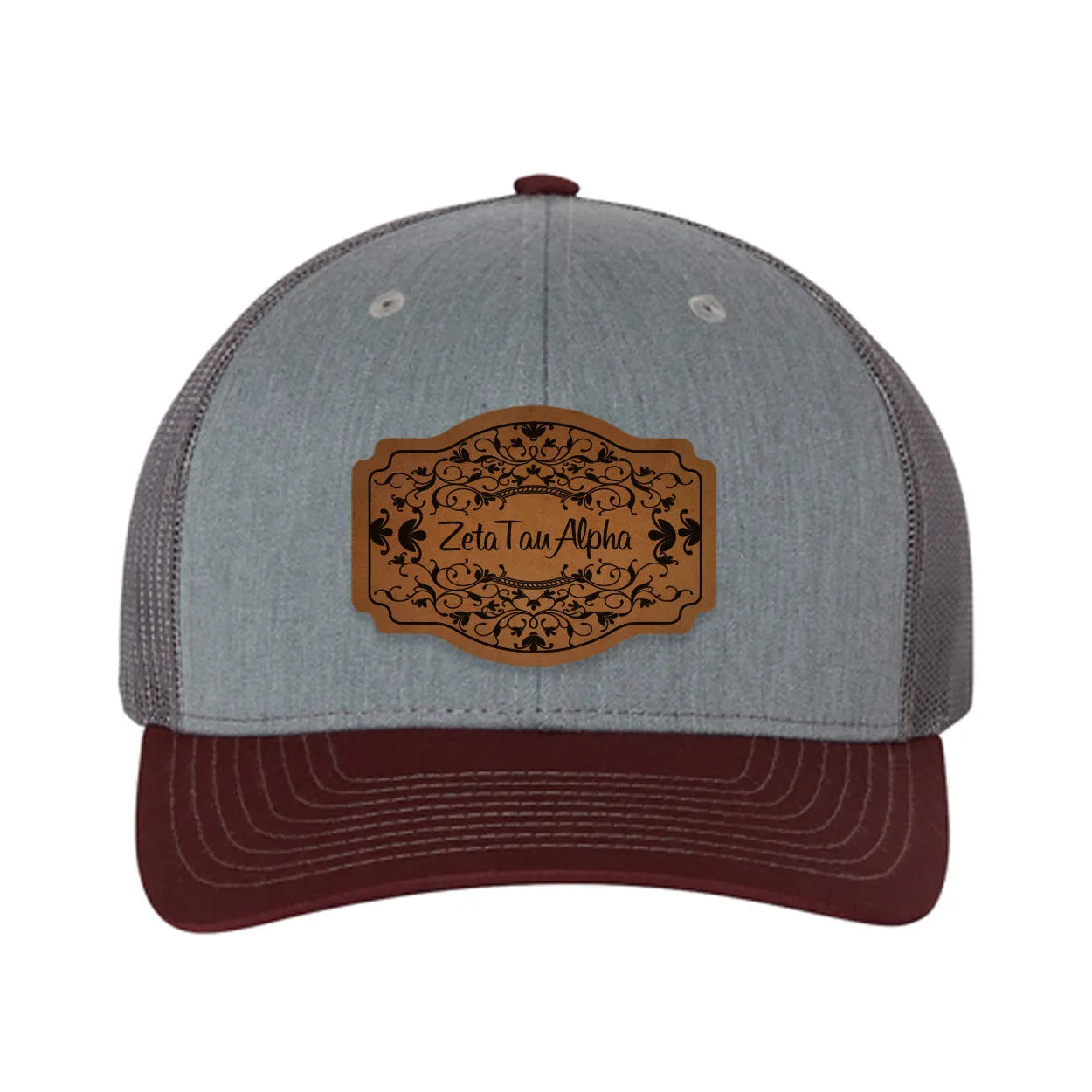 Zeta Tau Alpha Richardson 112 Leatherette Patch Trucker Hat - Scroll Heather Gray Charcoal Maroon Trucker Hat