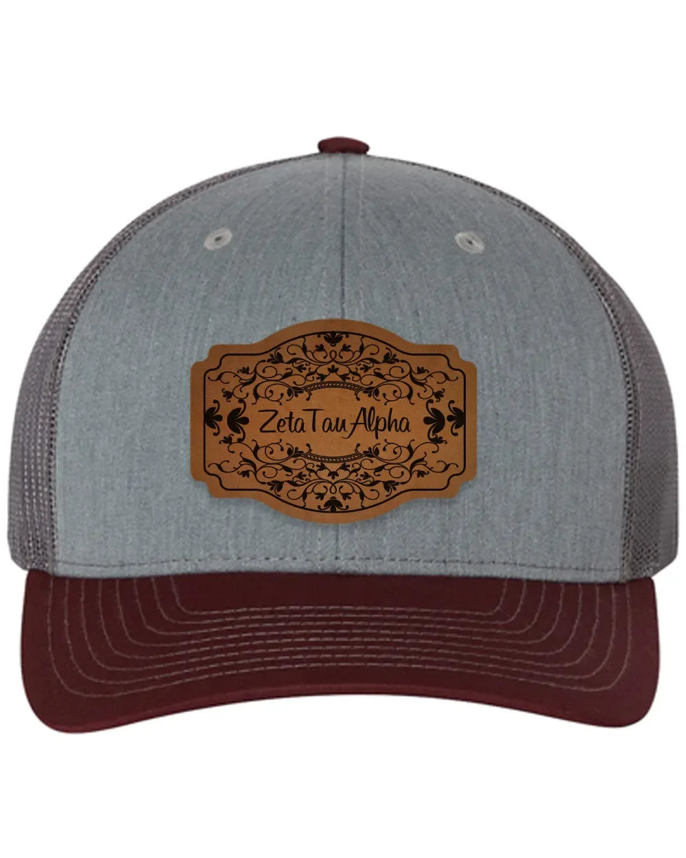 Zeta Tau Alpha Richardson 112 Leatherette Patch Trucker Hat - Scroll Heather Gray Charcoal Maroon Trucker Hat