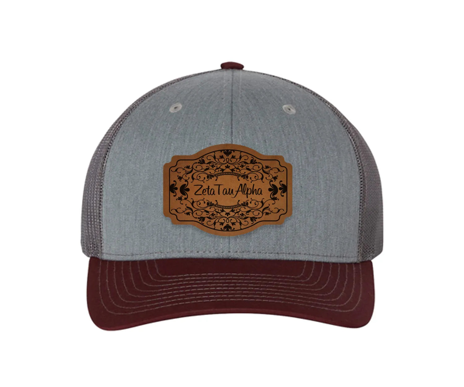 Zeta Tau Alpha Richardson 112 Leatherette Patch Trucker Hat - Scroll Heather Gray Charcoal Maroon Trucker Hat