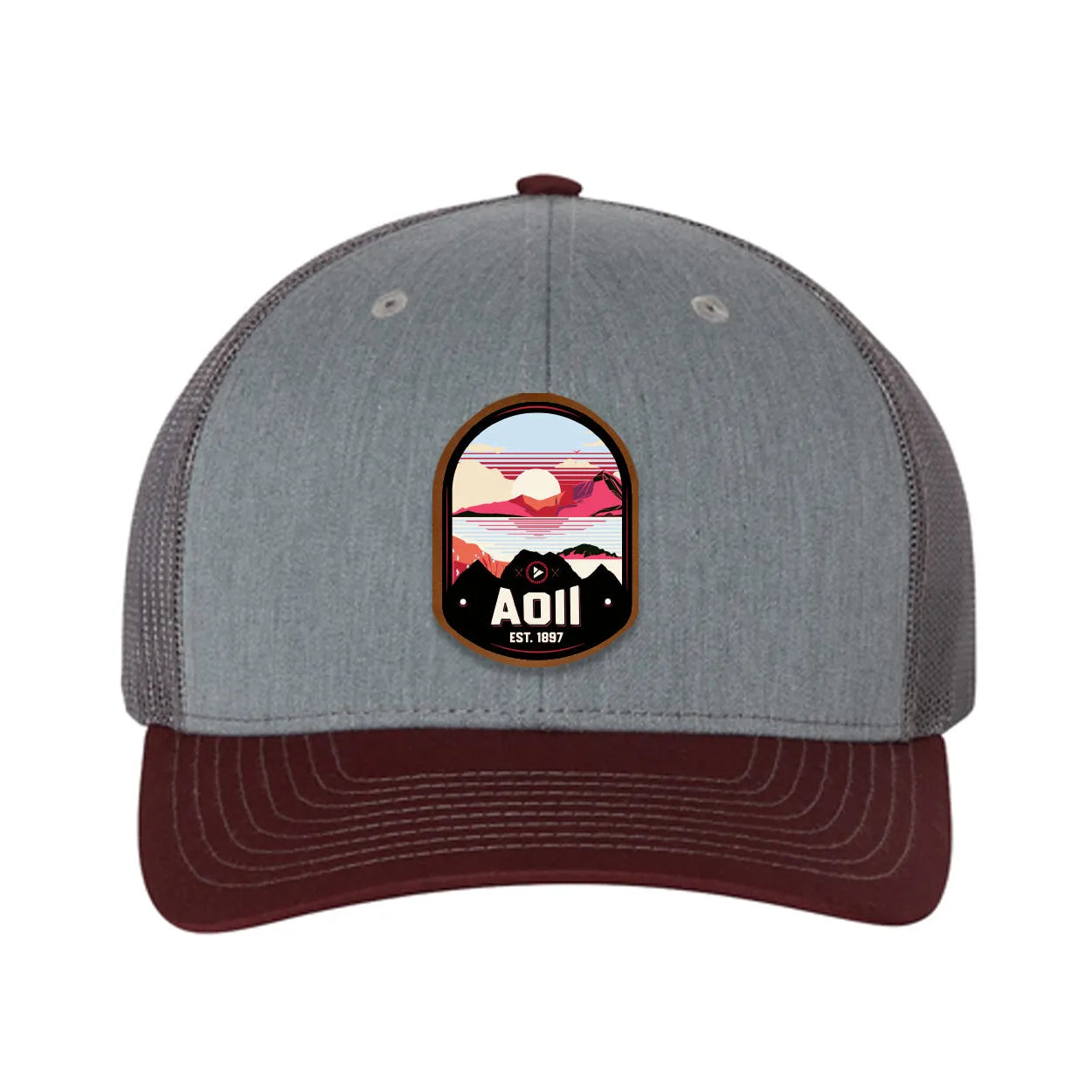 Alpha Omicron Pi Richardson 112 UV Print Leatherette Patch Trucker Hat - Ventura Heather Gray Charcoal Maroon Trucker Hat