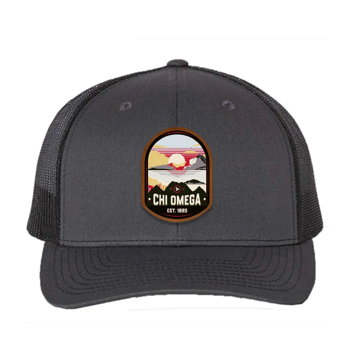 Chi Omega Richardson 112 UV Print Leatherette Patch Trucker Hat - Ventura Charcoal Black Trucker Hat