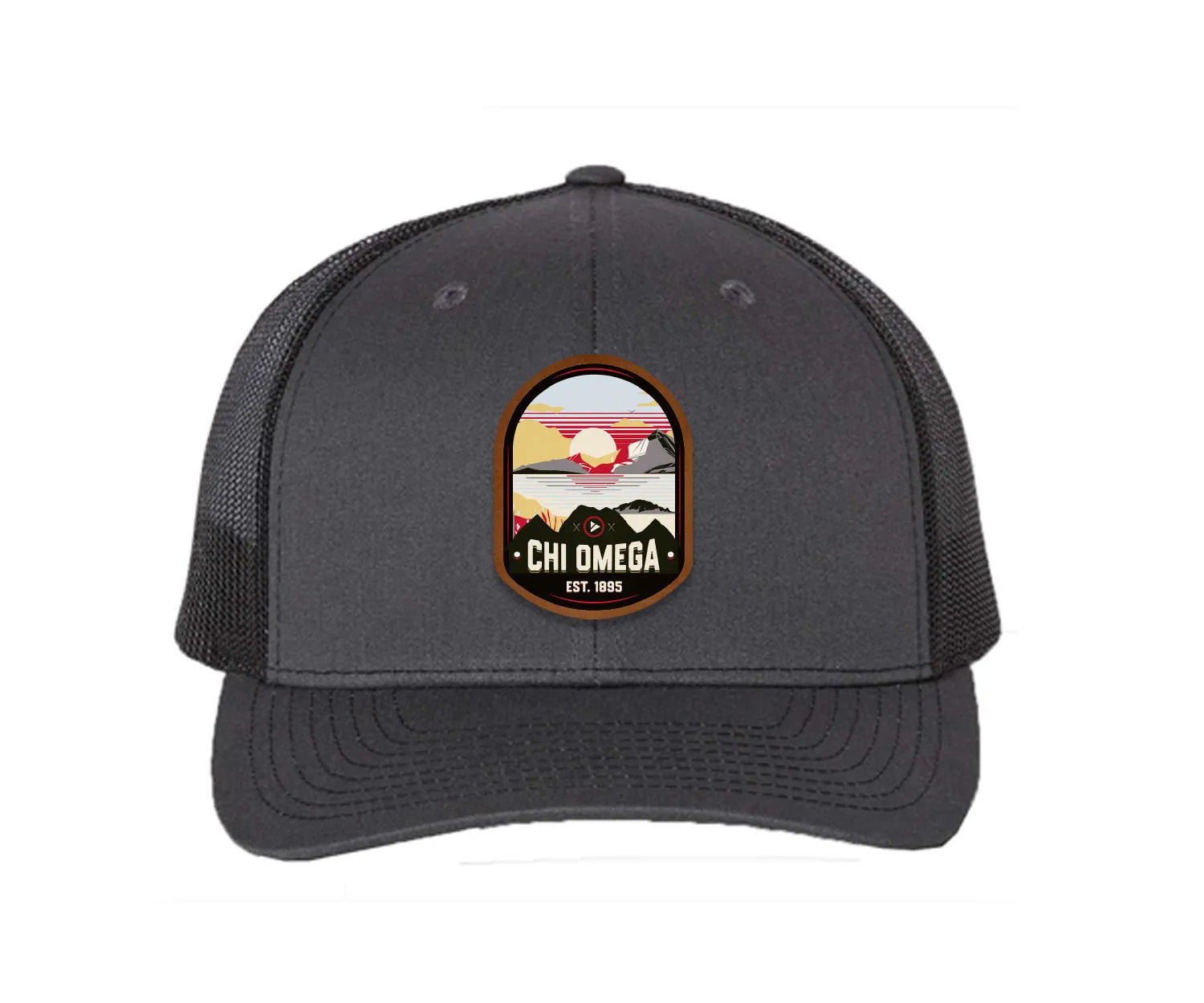 Chi Omega Richardson 112 UV Print Leatherette Patch Trucker Hat - Ventura Charcoal Black Trucker Hat