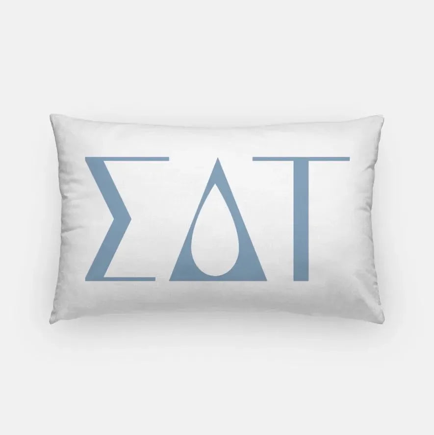 Sigma Delta Tau Lumbar Pillow Cover - Knockout Greek Letters White Droplet Blue Pillow Covers