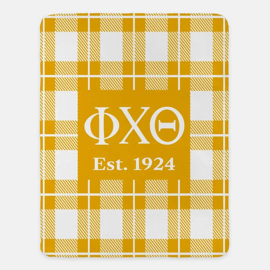 Phi Chi Theta XL 60x80 Sherpa Blanket - Gold Plaid Throw Blankets