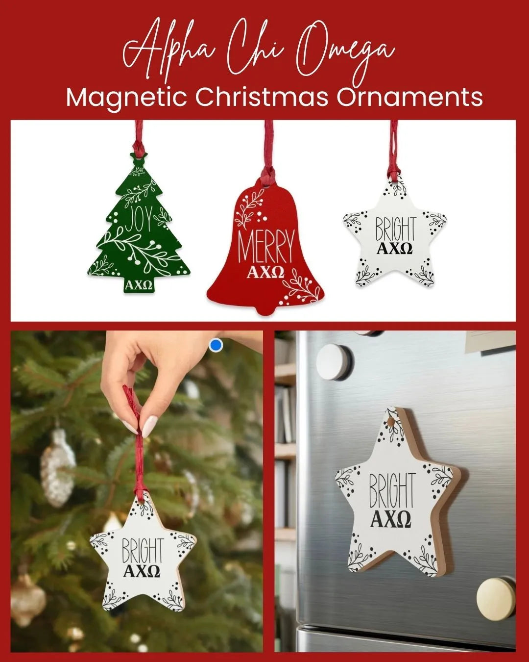 Alpha Chi Omega Wood Christmas Ornaments / Magnets (Set of 3) Holiday Ornaments