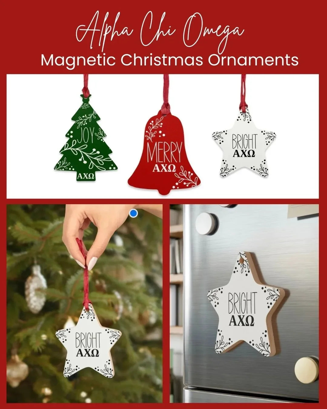 Alpha Chi Omega Wood Christmas Ornaments / Magnets (Set of 3) Holiday Ornaments
