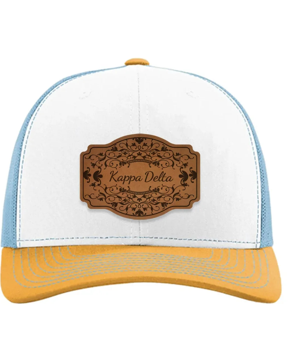Kappa Delta Richardson 112 Leatherette Patch Trucker Hat - Scroll White Blue Yellow Trucker Hat