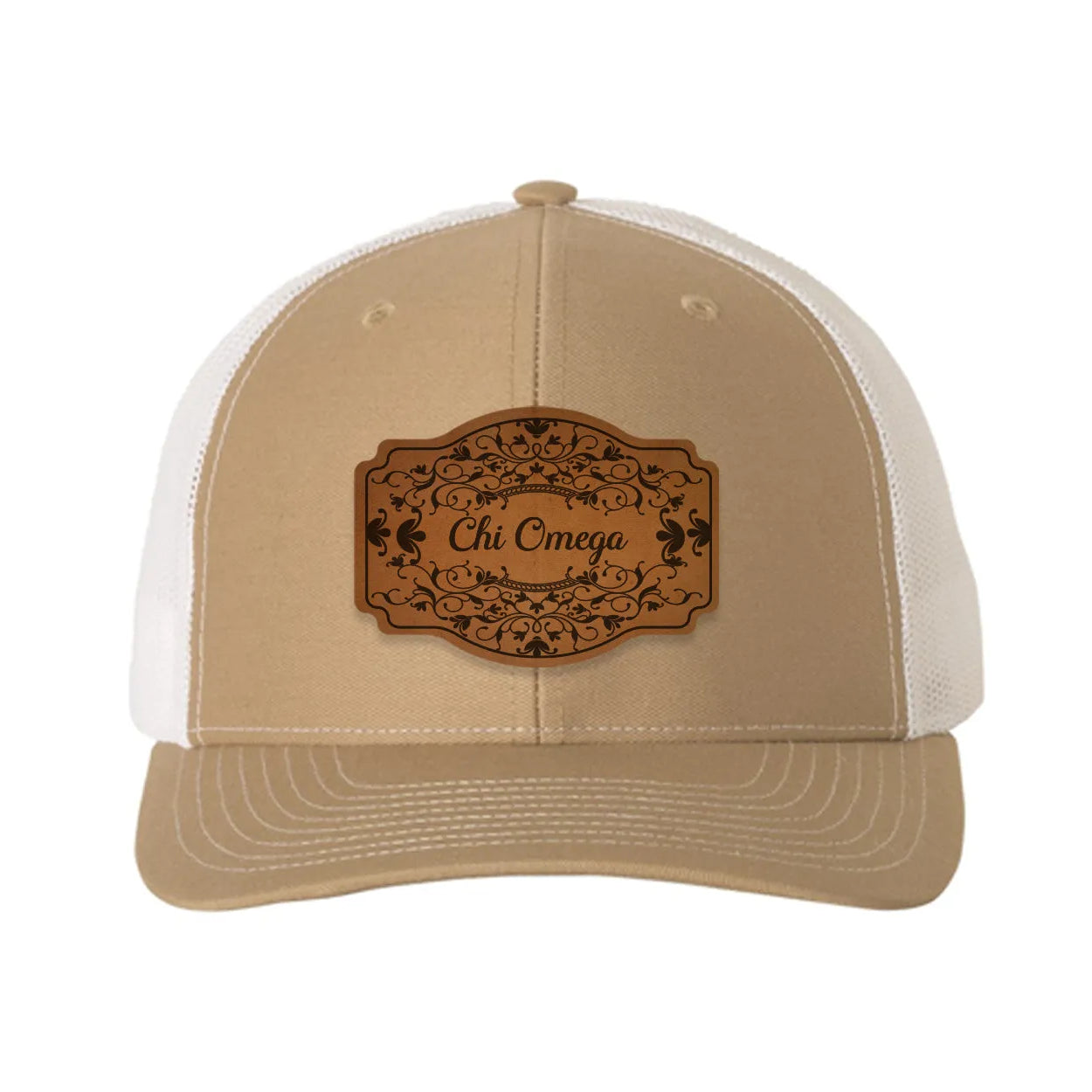 Chi Omega Richardson 112 Leatherette Patch Trucker Hat - Scroll Khaki White Trucker Hat